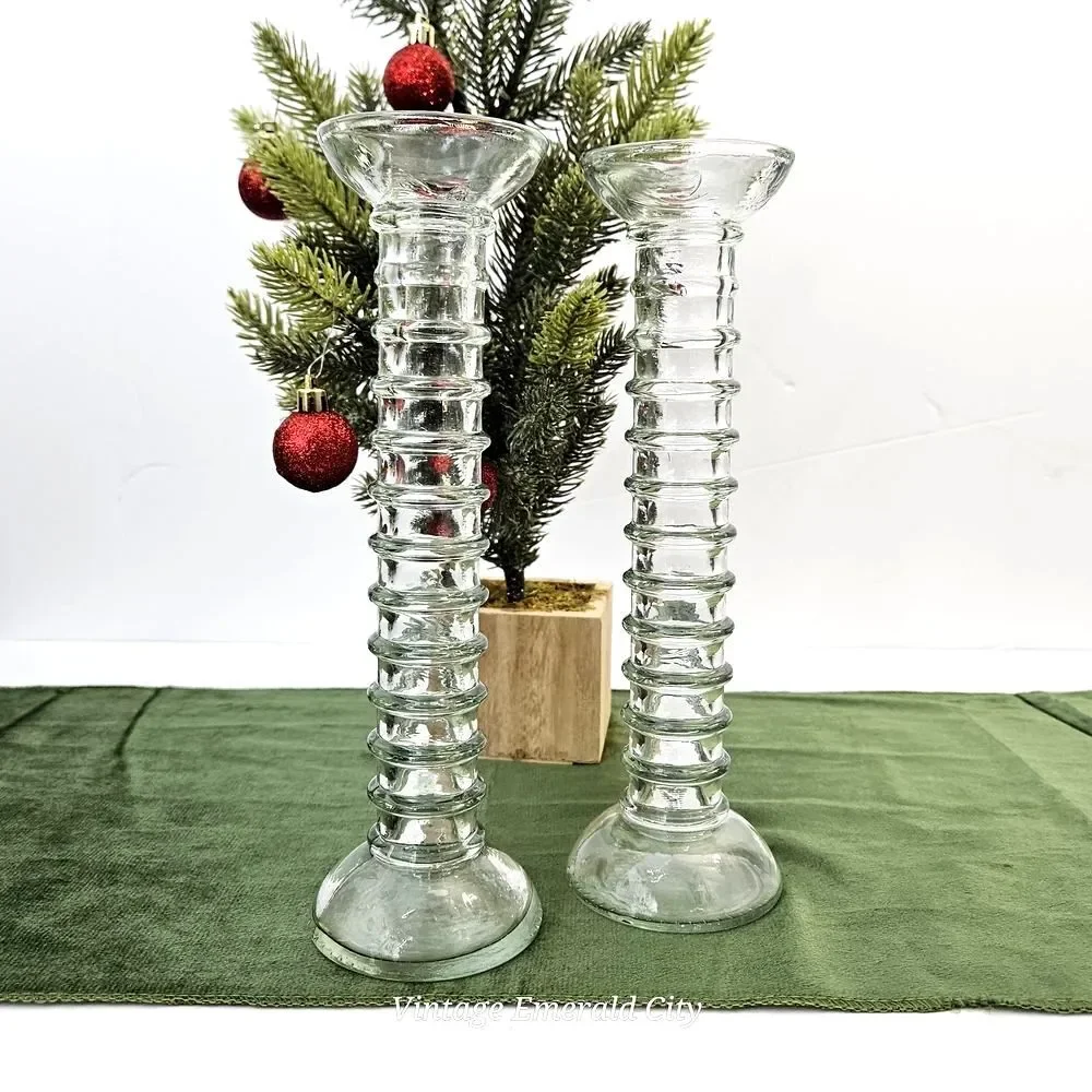 Vtg Stacked Bubble Glass 20th Century Ribbed Pale Green Candle Holders Spain Set